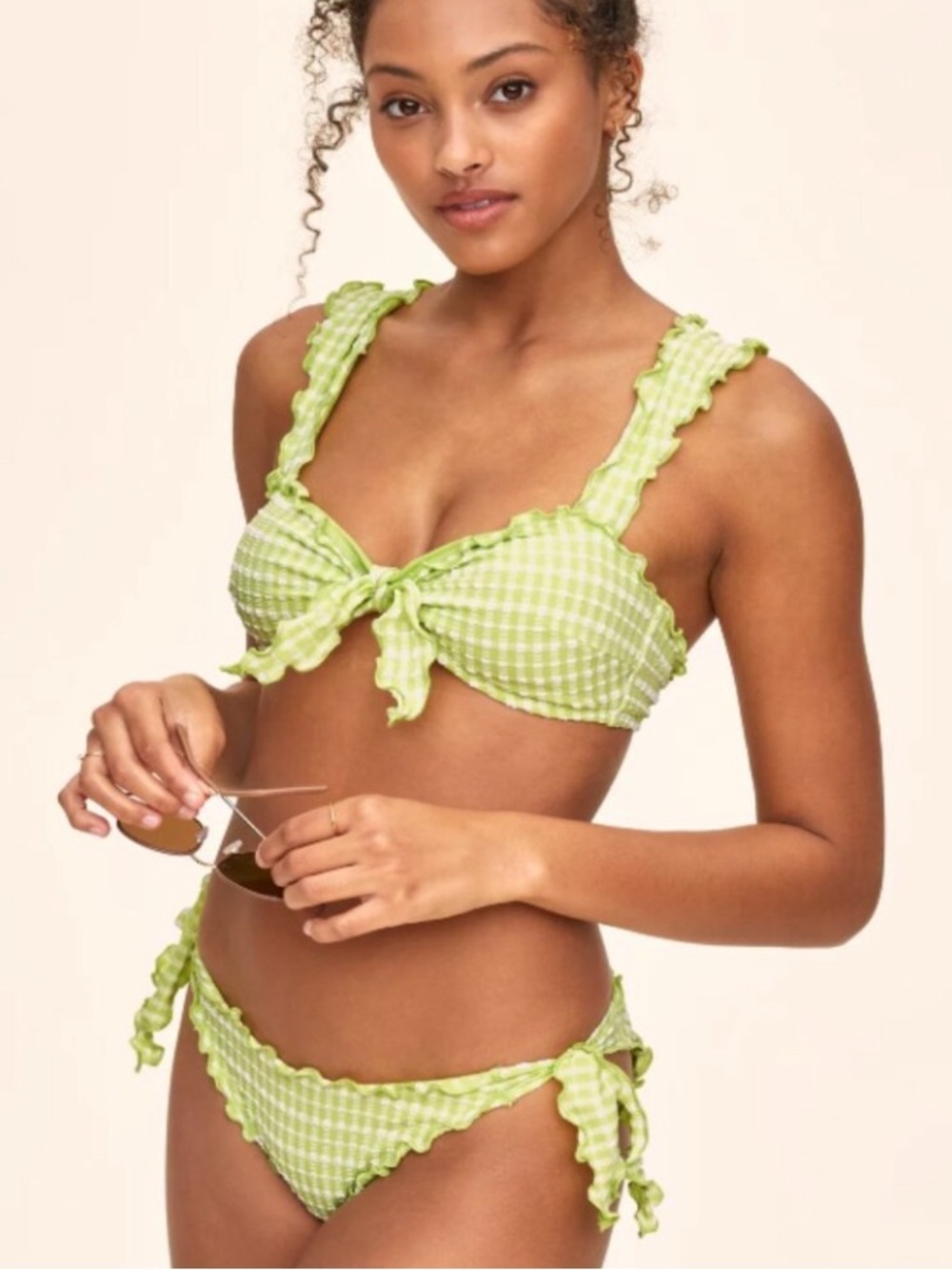 Adore Me Steph Gingham Bikini Set Daiquiri Green Ruffle Tie Front
